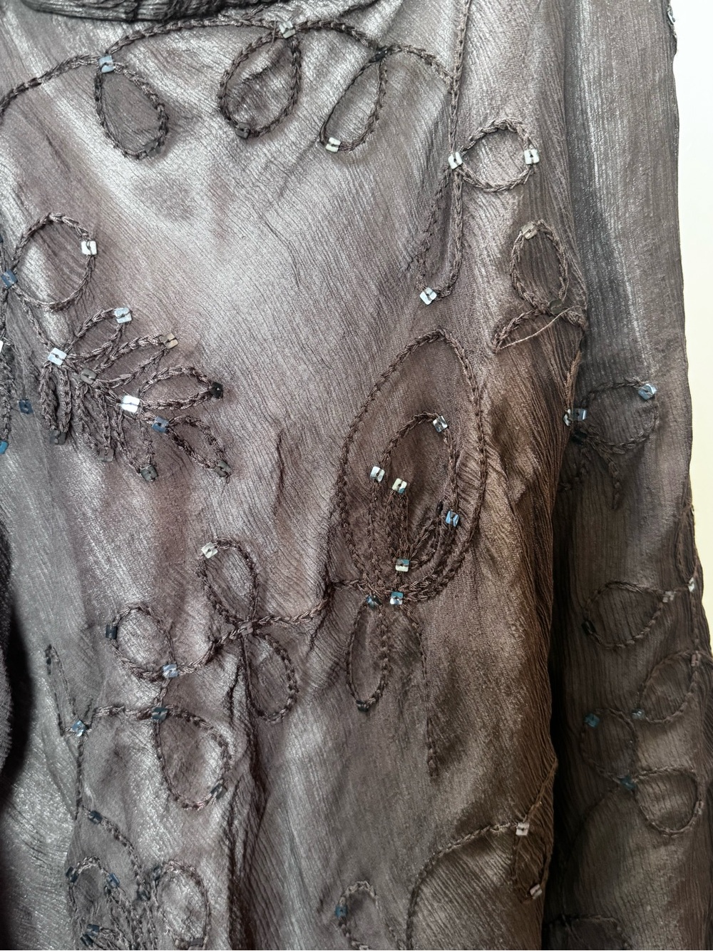 Anne Klein NEW Y2K 100% Silk Sheer Embroidered Sequin Midi Skirt Brown 4 Boho - Picture 14 of 16